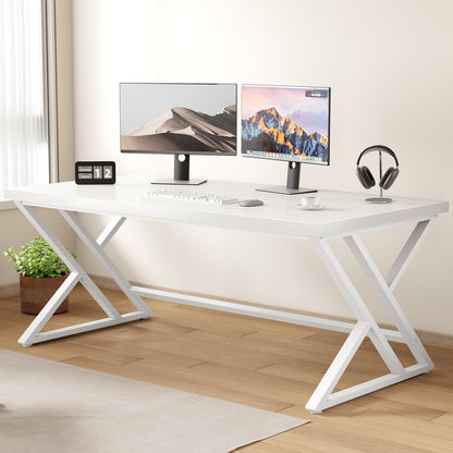 LVB Computer Tafel Lange Industriële Home Office Desk voor Student Grote Metalen Schrijven Studie Werk Desk Farmhouse Executive Gaming Computer Tafel voor Slaapkamer Woonkamer Wit