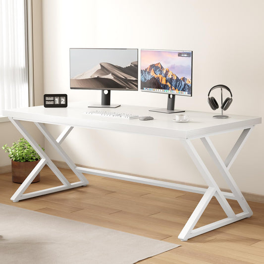 LVB Computer Tafel Lange Industriële Home Office Desk voor Student Grote Metalen Schrijven Studie Werk Desk Farmhouse Executive Gaming Computer Tafel voor Slaapkamer Woonkamer Wit
