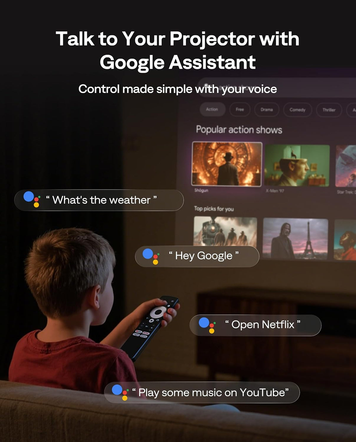 Aurzen BOOM Air Google TV Smart Projector met wifi en Bluetooth, draagbare projector voor buiten- en thuisfilm, 4K-ondersteund, verstelbare standaard, USB-C-voeding, real-time focus, Dolby Audio