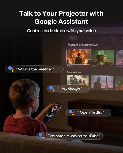 Aurzen BOOM Air Google TV Smart Projector met wifi en Bluetooth, draagbare projector voor buiten- en thuisfilm, 4K-ondersteund, verstelbare standaard, USB-C-voeding, real-time focus, Dolby Audio