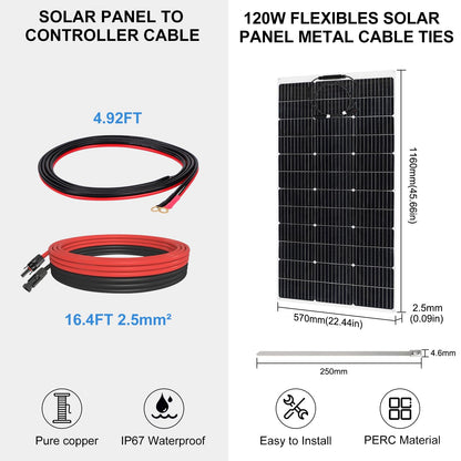 【120W 12V flexibele zonnepaneelkit】KOLLNIUN 120W ultradunne flexibele zonnepanelen+30A zonneladercontroller+T-connector+4 stuks zonnekabel+kabelbinder, PV-paneel voor balkon, camper, caravan, mariene