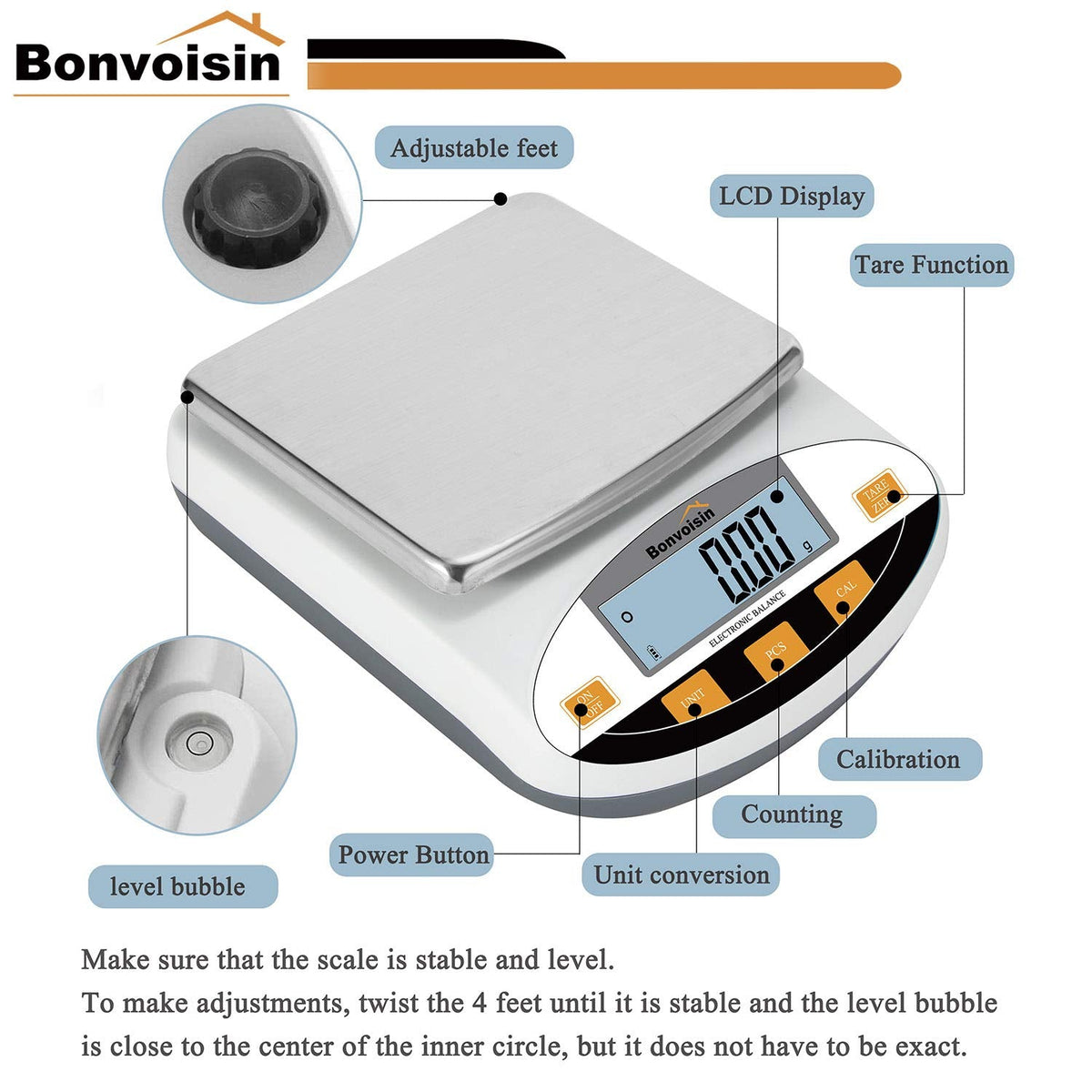Bonvoisin Lab-weegschaal 5000gx0.01g digitale precisie analytische balans - hoge precisie elektronische balans voor sieraden, keuken, wetenschappelijk en laboratoriumgebruik