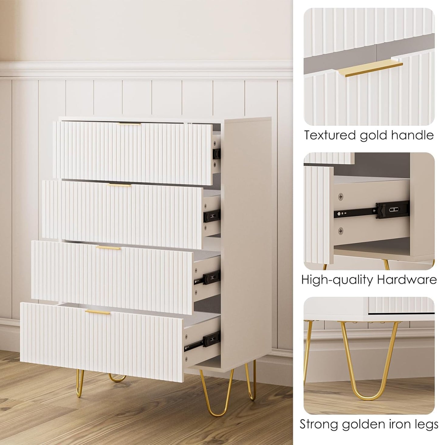 Ladecommode, houten 4 laden kast opbergorganizer, hoge hoogglans ladekast met gouden metalen poten voor slaapkamer, woonkamer, kast, hal, wit