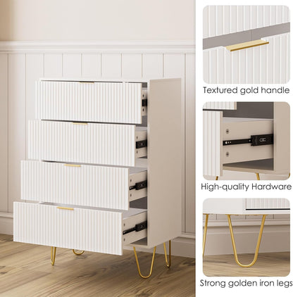 Ladecommode, houten 4 laden kast opbergorganizer, hoge hoogglans ladekast met gouden metalen poten voor slaapkamer, woonkamer, kast, hal, wit