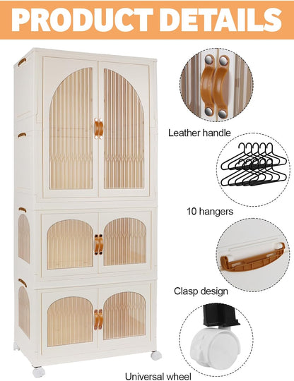 Kalolary 3 Verdiepingen Garderobe, Draagbare Garderobekast voor Hangkasten Portable Storage Wardrobe met 10 Hangers Kinderkast Opvouwbare Kledingkast voor Het Ophangen Van Kleding Opslagruimte