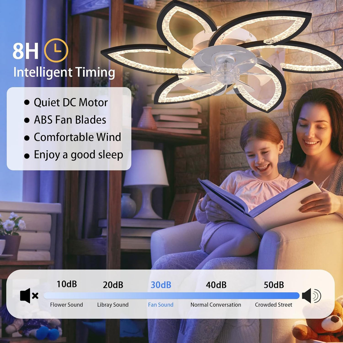 Plafondventilator met licht en afstandsbediening, moderne led-plafondventilator met variabele intensiteit, stille omkeerbare motor met windsnelheid, verstelbaar, voor woonkamer, 78 cm, zwart