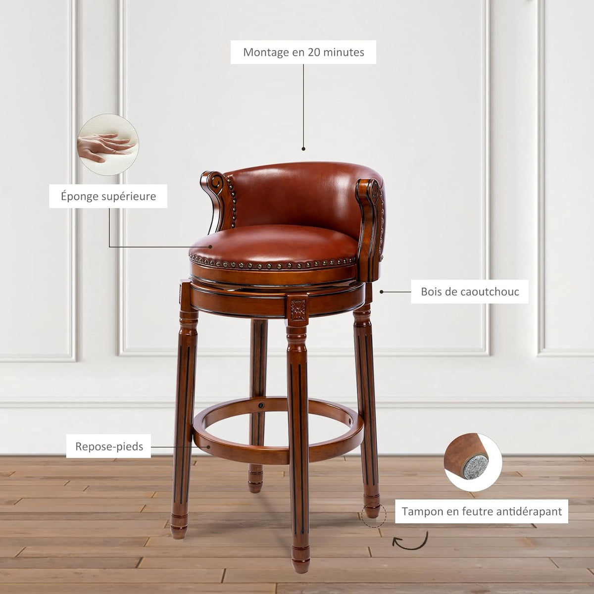 Barkruk van volnerfleer, draaibaar, met rugleuning, beklede stoel voor bar en keuken, massief houten frame, geschikt voor restaurants, hotels en thuis (bruin, zithoogte 65)