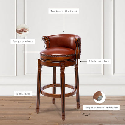 Barkruk van volnerfleer, draaibaar, met rugleuning, beklede stoel voor bar en keuken, massief houten frame, geschikt voor restaurants, hotels en thuis (bruin, zithoogte 65)