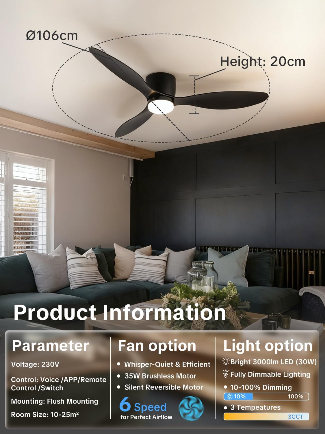 Plafondventilator, diameter 106 cm, met licht en afstandsbediening, omkeerbare DC-motor, stil, 6 snelheden, 3 CCT, led-plafondlamp voor slaapkamer en woonkamer, zwart
