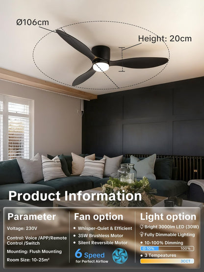 Plafondventilator, diameter 106 cm, met licht en afstandsbediening, omkeerbare DC-motor, stil, 6 snelheden, 3 CCT, led-plafondlamp voor slaapkamer en woonkamer, zwart
