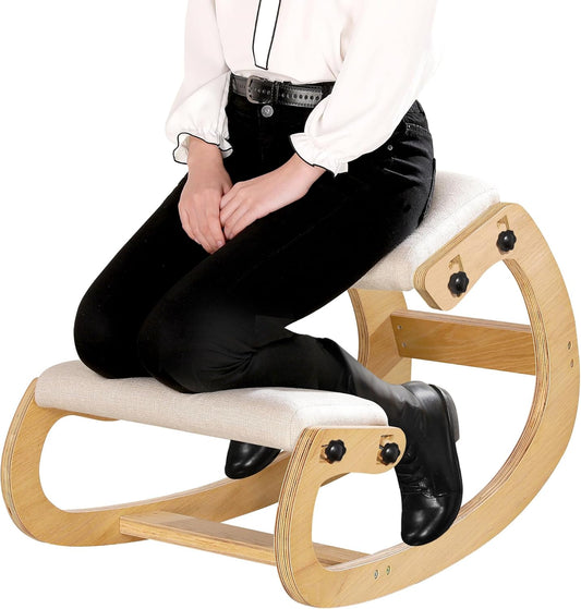 Predawn Ergonomische kniestoel voor rechte houding, kniekruk voor thuis, kantoor en meditatie, hout en linnen kussen (wit eiken)
