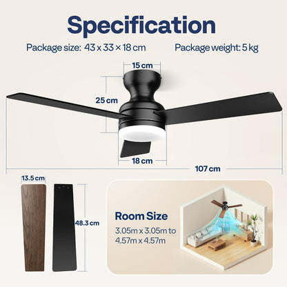 VIVOHOME Plafondventilator met Verlichting 42 inch/107 cm Laag Profiel en Afstandsbediening Inbouw voor Slaapkamer Woonkamer Garage 6+1 Snelheden 3CCT Dimbare Timer Stille Omkeerbare