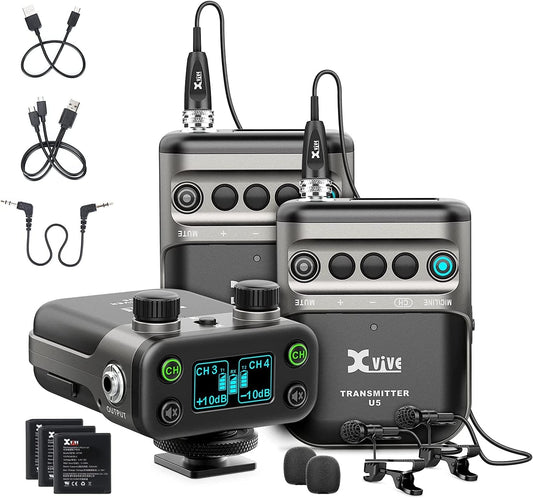 Draadloos audiosysteem – Draadloze microfoonset – Lavalier microfoon – Interview microfoon – Podcast microfoon – Bundel met 2 zenders en 2 lavaliermicrofoons – 2,4 GHz en minder dan 6 ms latentie