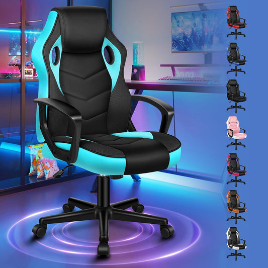 ALFORDSON Gamingstoel, PC-computer racestoel, ergonomische draaibare bureaustoel met wielen van PU-leer en stof voor thuisgebruik, cyaan
