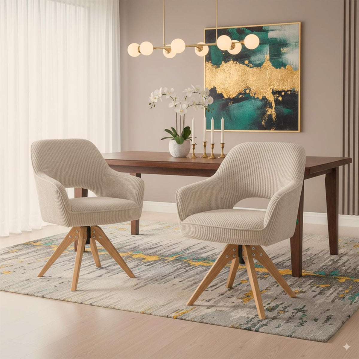 DUBI Möbel Dining Chairs 2-piece 360° swivel with pocket spring, high seating comfort, up to 150 kg, durable fabric light grey, solid oak frame in timeless design, Mika-Lena - QUORE