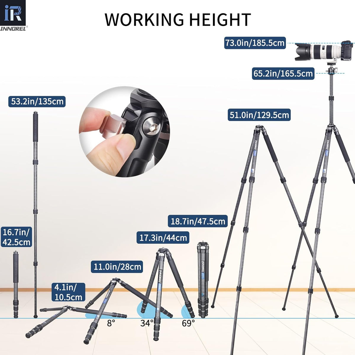 INNOREL KT254C Super Professionele Draagbare Reizen Koolstofvezel Statief voor DSLR Camera Heavy Duty Compact Stand Ondersteuning 1.0in/25.6mm Buis Max Belasting 33lbs/15kg met Korte Middenkolom