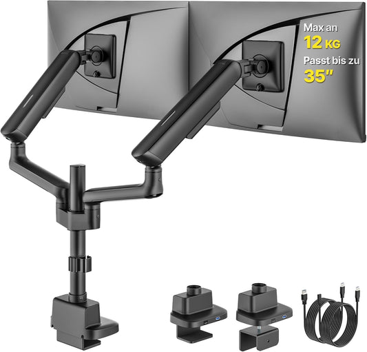 monTEK Monitorhouder 2 monitoren voor 17-35 inch beeldschermen tot 11 kg, hoge monitorarm met USB, 360° draaibaar, monitorhouder met kantelen, draaien, VESA 75/100, MA1011UCPBK-D