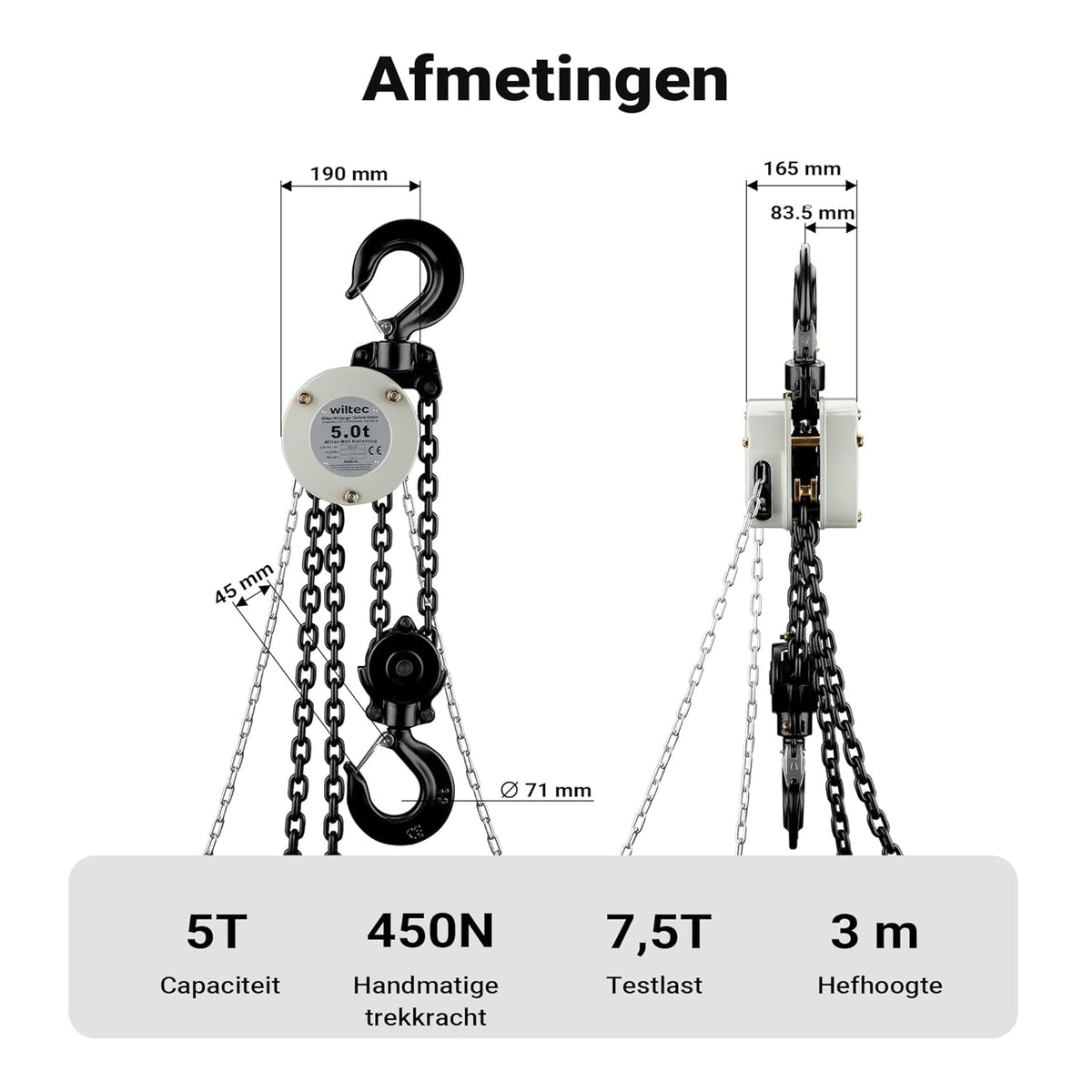 Wiltec hijstakel 5 ton x 3 meter, krachtige mini takel voor het hijsen van lasten, handmatige kettingtakel VSK-5 voor 5000 kg werklast, takel met 2 haken