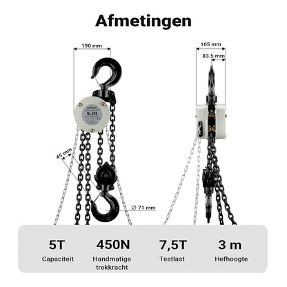 Wiltec hijstakel 5 ton x 3 meter, krachtige mini takel voor het hijsen van lasten, handmatige kettingtakel VSK-5 voor 5000 kg werklast, takel met 2 haken