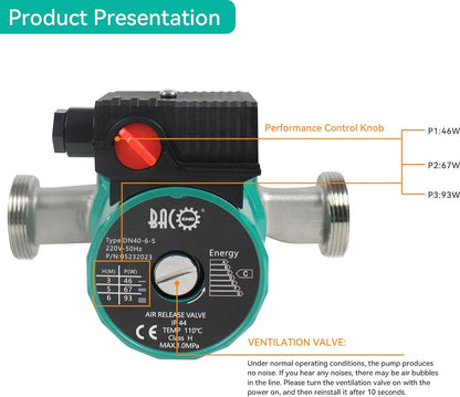 BACOENG Verwarmingspomp, circulatiepomp RS 25-6/180 mm circulatiepomp voor centrale verwarming, 220 V/50 Hz, materiaal roestvrij staal
