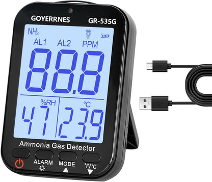 Ammoniak gasdetector 535G NH3 gasdetector continue bewaking sensor meetbereik 0-100 ppm alarm LCD-display achtergrondverlichting functie temperatuur luchtvochtigheid oplaadbaar