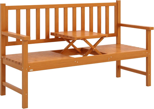 Outsunny Garden Bench 3-Seater Bench with Table, Park Bench with Armrest, Wooden Bench up to 280 kg Load Capacity for Balcony, Patio, Light Brown, 153 x 56 x 91 cm - QUORE