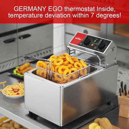 CROSSON Commerciële Roestvrijstalen Elektrische Friteuse,230V/3250W Professionele Elektrische Friteuse 8L met Temperatuurregeling 80-200°C