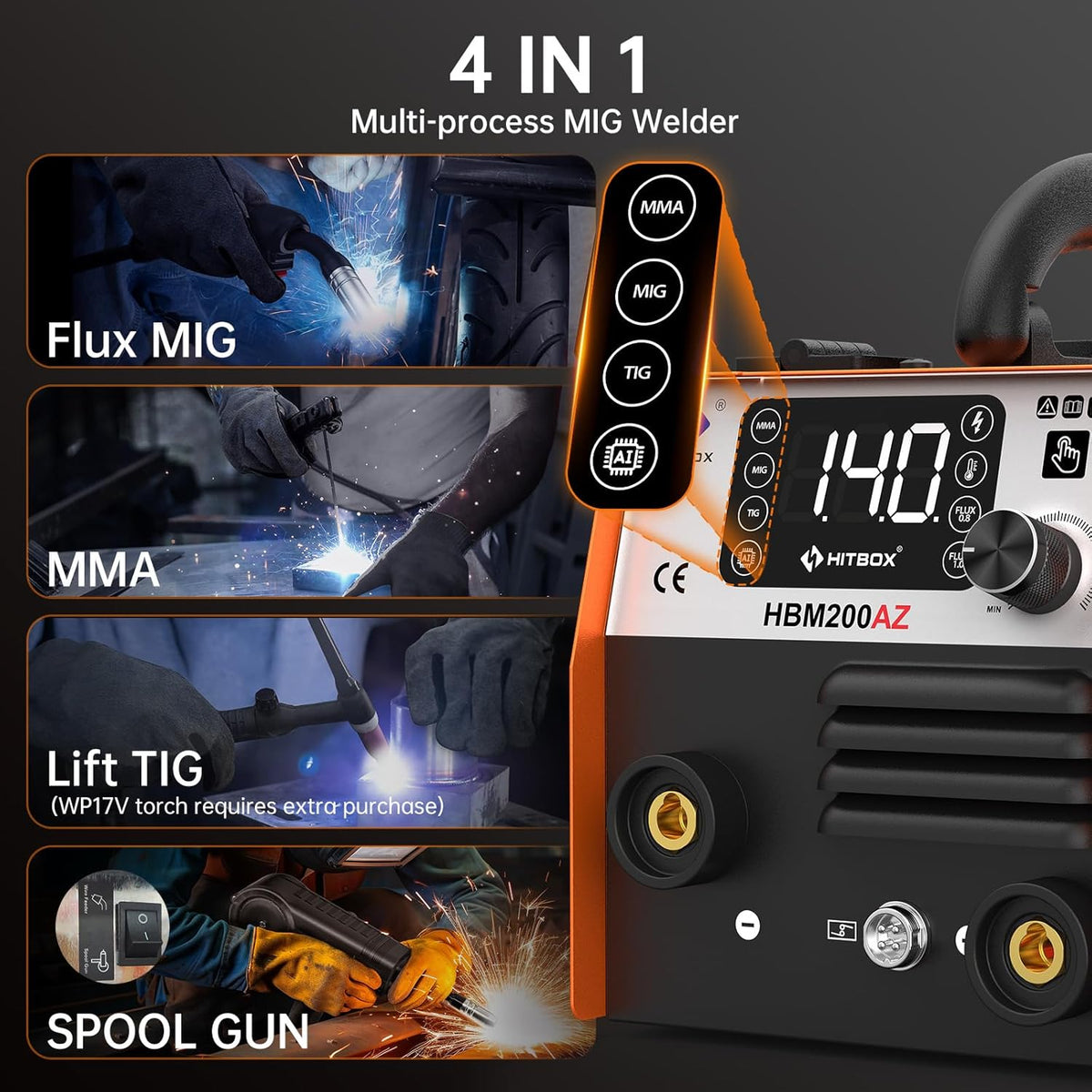 HITBOX MIG Lasser 140A 4-in-1, Compacte IGBT Inverter met 0,8 mm Draad – Draadloze Lasser, ARC, Lift TIG, Spool Gun Zonder Gas voor Hobby en Doe-Het-Zelf (HBM200AZ)