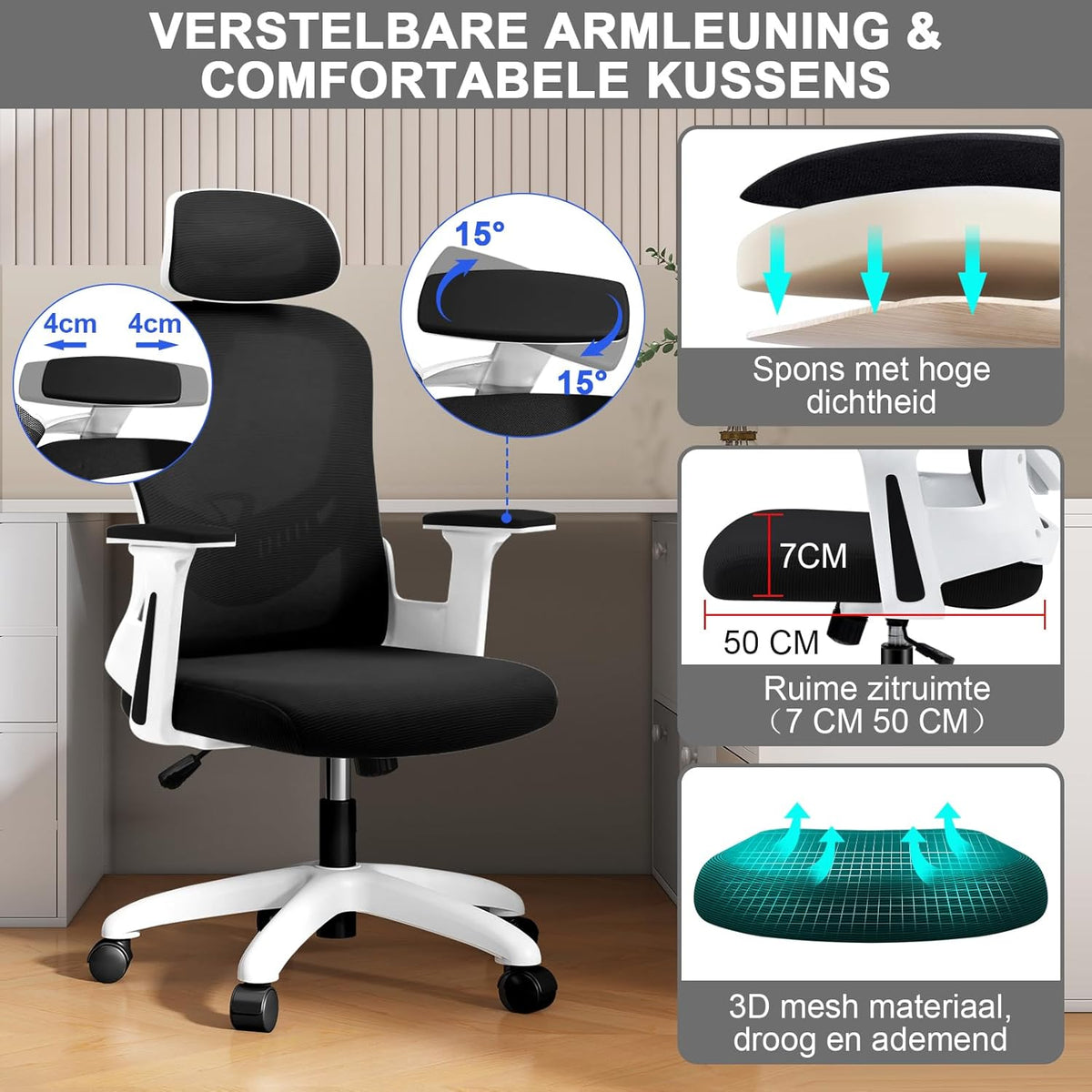 Ergonomische Bureaustoel – Bureaustoel Met Lendensteun – Bureaustoel Met Verstelbare Armleuningen – Kantoorstoel – Mesh Stoel – Verstelbare Hoofdsteun – Ademend Mesh Kussen – 150 KG Draagvermogen