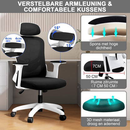 Ergonomische Bureaustoel – Bureaustoel Met Lendensteun – Bureaustoel Met Verstelbare Armleuningen – Kantoorstoel – Mesh Stoel – Verstelbare Hoofdsteun – Ademend Mesh Kussen – 150 KG Draagvermogen