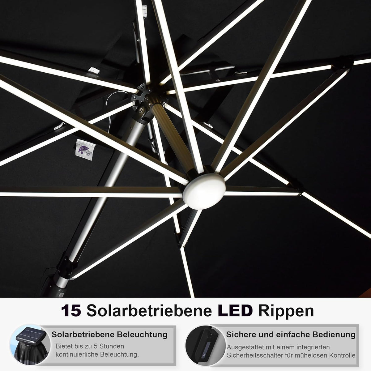 PURPLE LEAF Parasol met ledverlichting, zonnescherm, 300 x 300 cm, marktscherm, groot, 360 graden rotatie, tuinscherm met zwengel, balkonscherm, XXL, zonwering UV50+, grijs