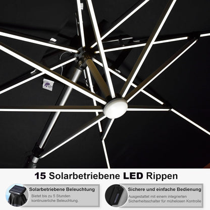 PURPLE LEAF Parasol met ledverlichting, zonnescherm, 300 x 300 cm, marktscherm, groot, 360 graden rotatie, tuinscherm met zwengel, balkonscherm, XXL, zonwering UV50+, grijs