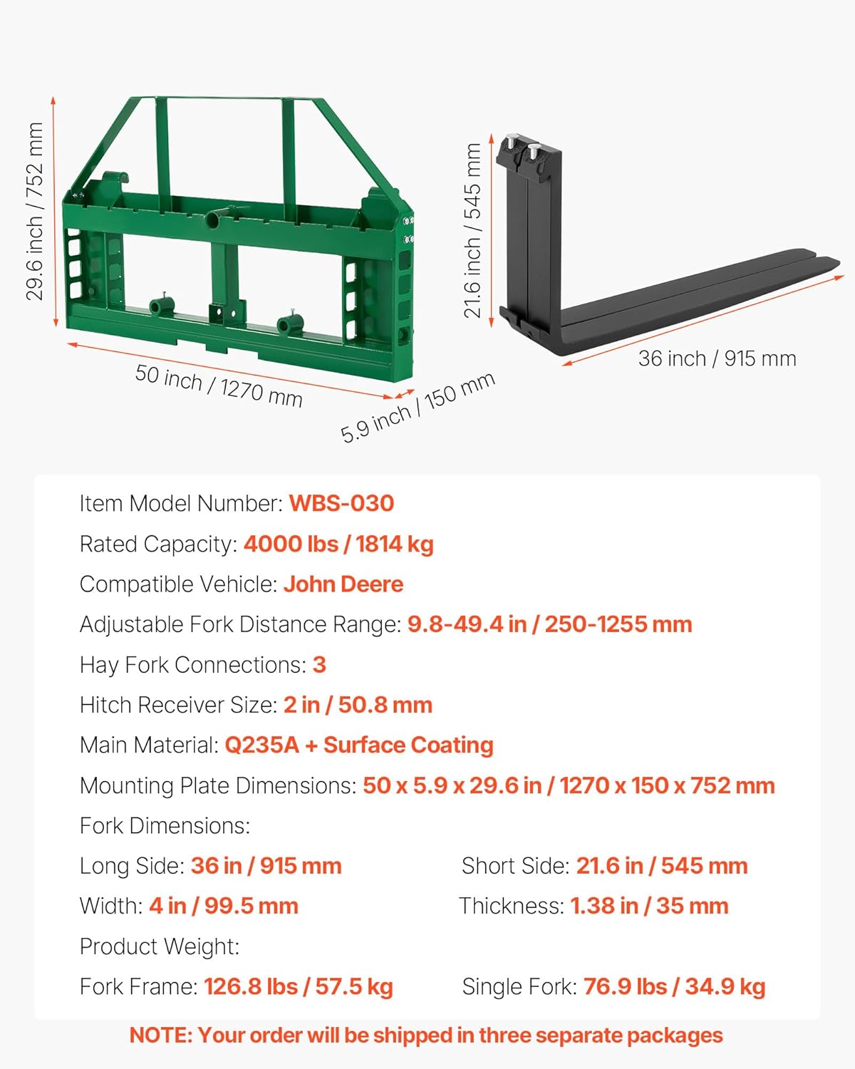VEVOR Quick attachment, 1810 kg load capacity, pallet fork frame with 915 mm long forks, forklift knives, 5 cm hitch and spearhead sleeves, suitable for JD tractors