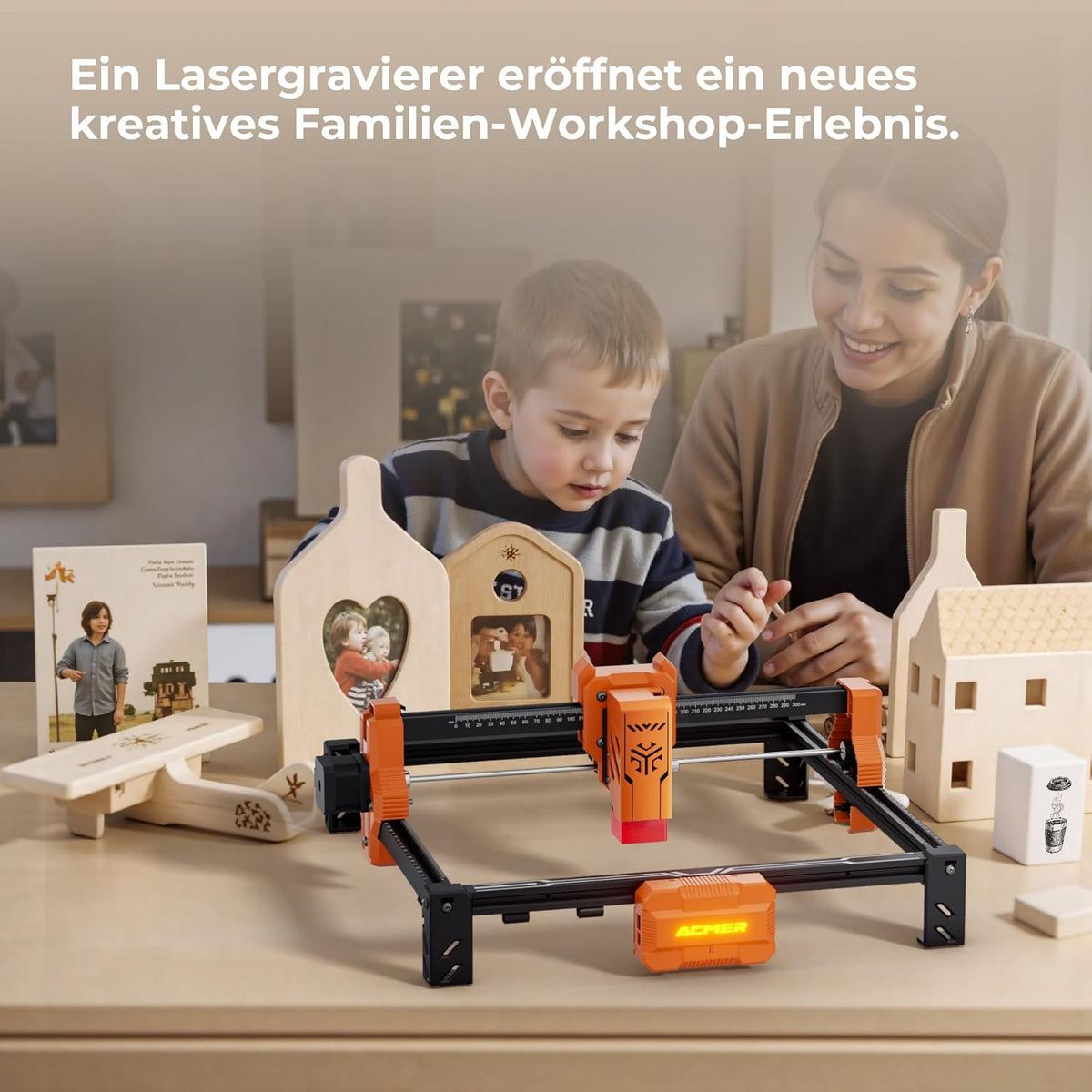 ACMER S2 7W lasergraveermachine, 48W uitgangsvermogen, 300x300mm 10.000 mm/min, houtlasergraveerder voor doe-het-zelf batch-personalisatie, onderwijs en lesgeven, modelbouw
