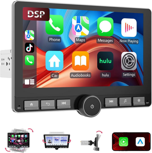 Haudio 360" Draaibare Autoradio, 1 Din DSP Autostereo, 10,1 Inch lPS Scherm met Carplay &Android Auto, Autoplay met Achteruitrijcamera, Spiegellink, Spraakbediening AM/FM/RDSRadio met Knop 2+64G