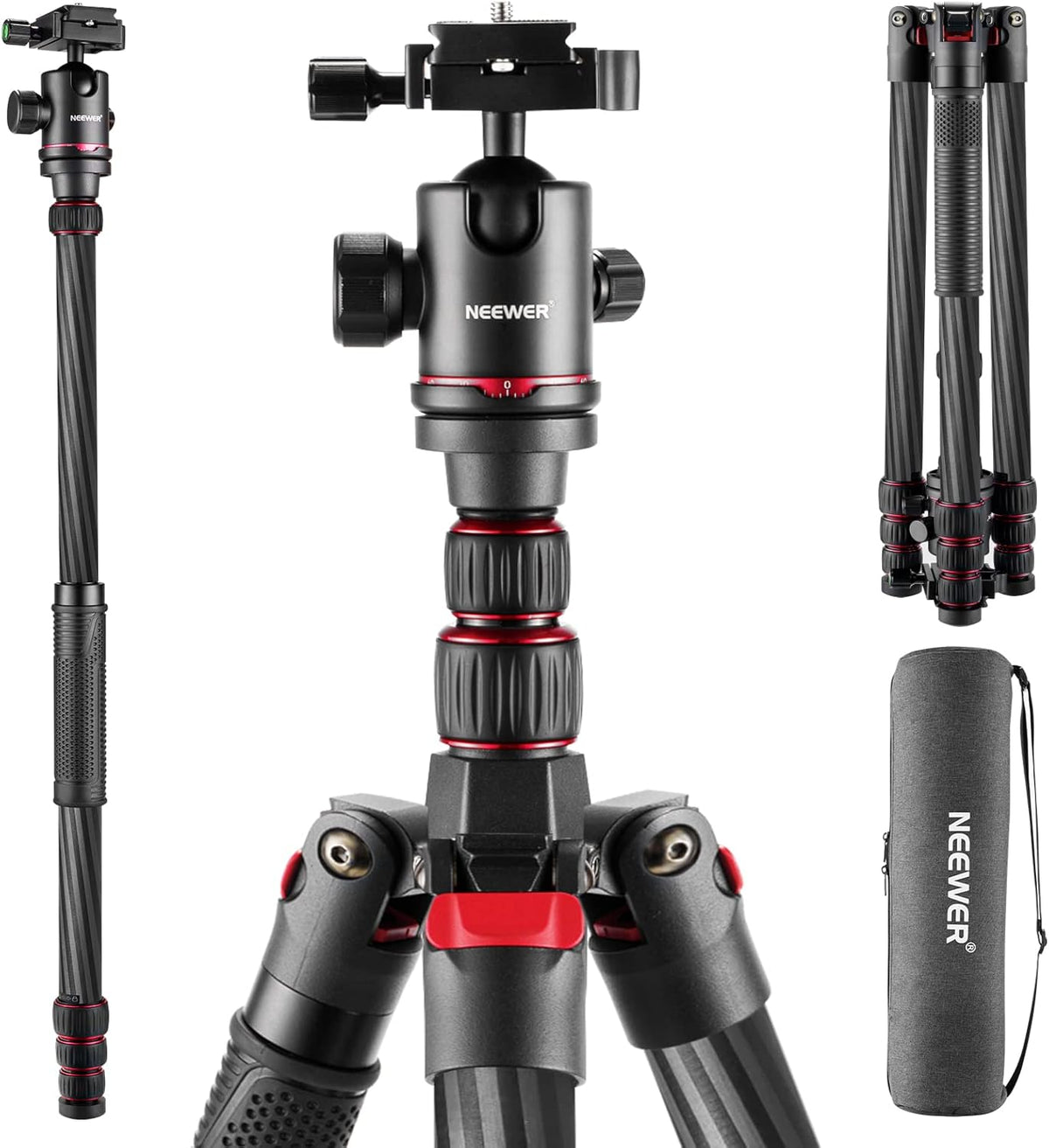 NEEWER Opgewaardeerde 80.5" Carbon Fiber Camera Statief Monopod met Telescopische 2 Sectie Center Axes, 360 ° Panorama Ballhead, 1/4" Arca Type QR Plaat, Reisstatief met ø28mm kolom, Max Belasting 20