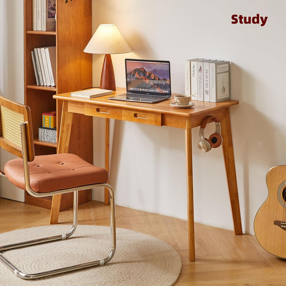 Wood Writing Desk met Lade en Hangende Staaf, Kleine Computerbureautafel, 39x20x30inch Werkbureau, Studiebureau, Kleine Houten Eettafel Kersenhout Kleur YD-WD01N