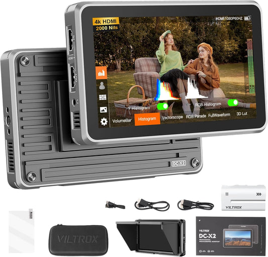 VILTROX DC-X2 6" camera veld monitor DCX2 voor DSLR touchscreen monitor 4k 2000nits externe X2 monitoren 3D LUT 1920x1080 IPS met Sunshield 2200 MAh batterij voor Sony Canon Nikon