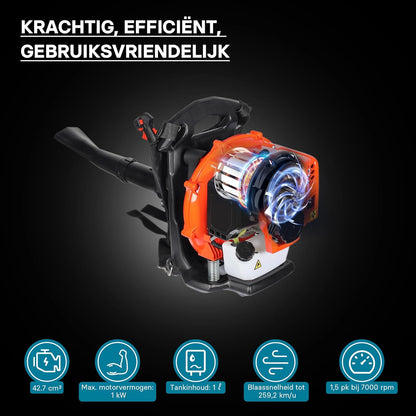 Wiltec bladblazer op benzine 1,7 pk, rugbladblazer met 2-takt-motor, blazer voor bladeren en tuin, tuingereedschap voor bladblazen met bedieningselement aan handgreep incl. mondstukken