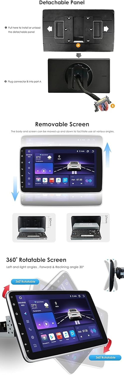 Single 1 DIN autoradio met Apple CarPlay Android Auto draadloos, 10.1" afneembaar HD draaibaar kantelbaar touchscreen GPS Navi Bluetooth, ondersteuning back-up camera, audio video ontvanger