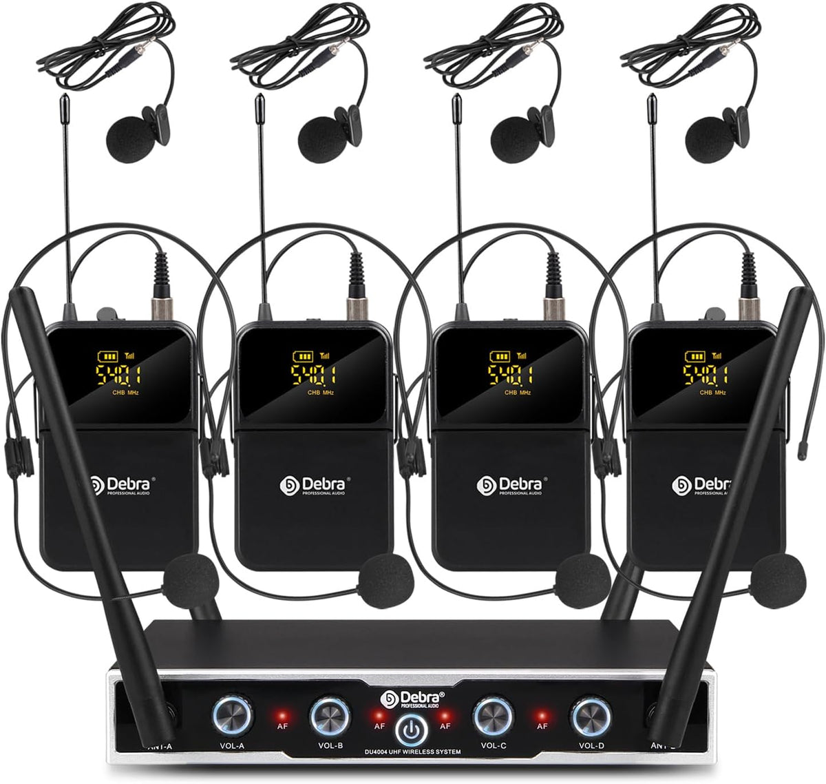 D Debra UHF draadloos microfoonsysteem, 4x16 instelbare kanalen, bodypack-zender, headset microfoon, 80m bereik, ideaal voor vergaderingen, kerkdiensten, toespraken, feesten (4 bodypacks)