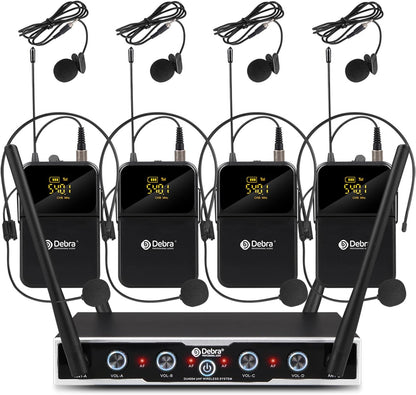 D Debra UHF draadloos microfoonsysteem, 4x16 instelbare kanalen, bodypack-zender, headset microfoon, 80m bereik, ideaal voor vergaderingen, kerkdiensten, toespraken, feesten (4 bodypacks)