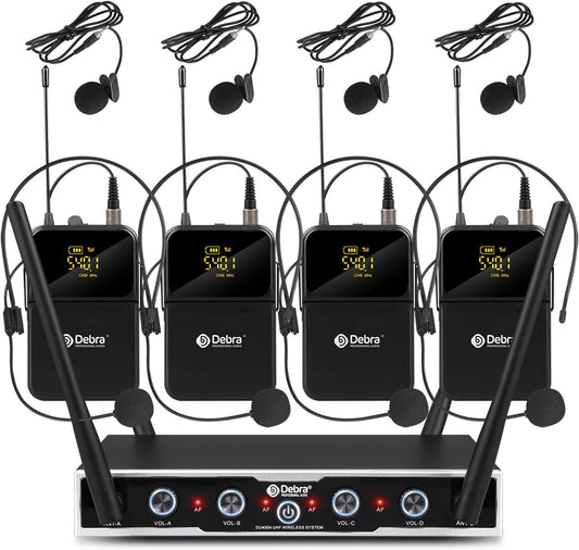 D Debra UHF draadloos microfoonsysteem, 4x16 instelbare kanalen, bodypack-zender, headset microfoon, 80m bereik, ideaal voor vergaderingen, kerkdiensten, toespraken, feesten (4 bodypacks)