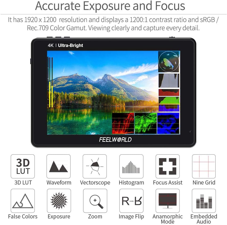 FEELWORLD LUT7S PRO 7 Inch 2200Nits Camera Field Monitor 4K HDMI TouchScreen Video Monitor with Light Sensor,3D LUTs,1920X1200 IPS,HDR Waveform,F970 External Installation Package,3G-SDI & 4K HDMI Loop Out - QUORE