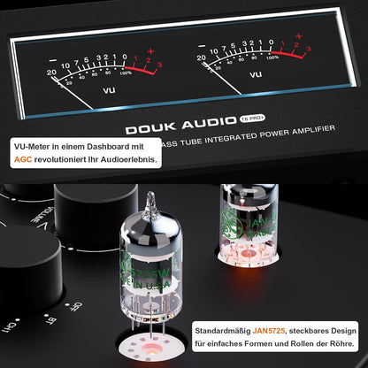 Douk Audio T6 PRO Bluetooth buisversterker: 300 W x2 TPA3255 2-kanaals stereo versterker - dual VU-meter & super bas - voor thuisbioscoop- en hifi-systemen (zwart)