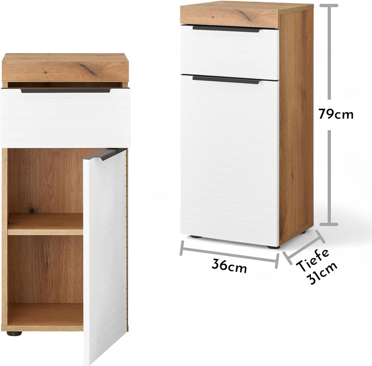 Tarawa Badkamerkast, wit, Evoke eikenlook, FSC-gecertificeerd, badkamerkast met veel opbergruimte, 36 x 79 x 31 cm (b x h x d)