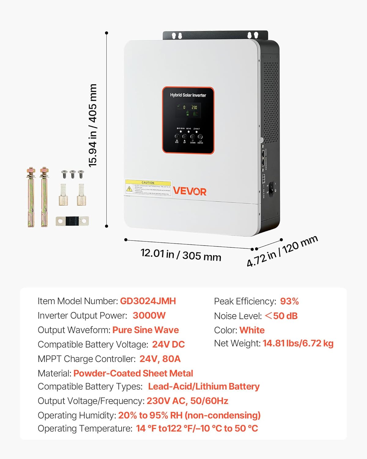 VEVOR Hybride omvormer, 3000 W, 24 V DC naar 230 V AC, omvormer en oplader, zuivere sinusgolf, geïntegreerde 80 A MPPT zonne-regelaar, compatibel met loodaccu