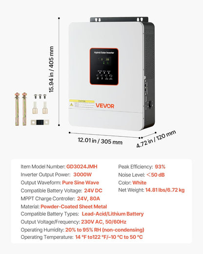 VEVOR Hybride omvormer, 3000 W, 24 V DC naar 230 V AC, omvormer en oplader, zuivere sinusgolf, geïntegreerde 80 A MPPT zonne-regelaar, compatibel met loodaccu