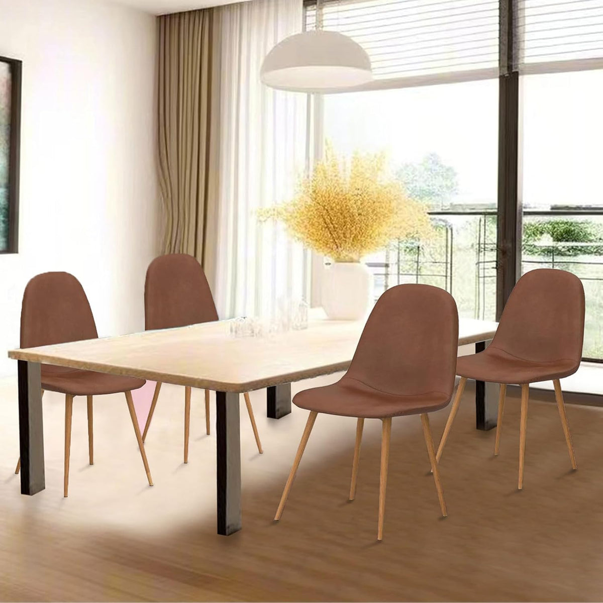 CangLong Set van 4 eetkamerstoelen, retro gestoffeerde keukenstoelen voor keuken, eetkamer, kunstleer loungestoelen met metalen poten, bruin