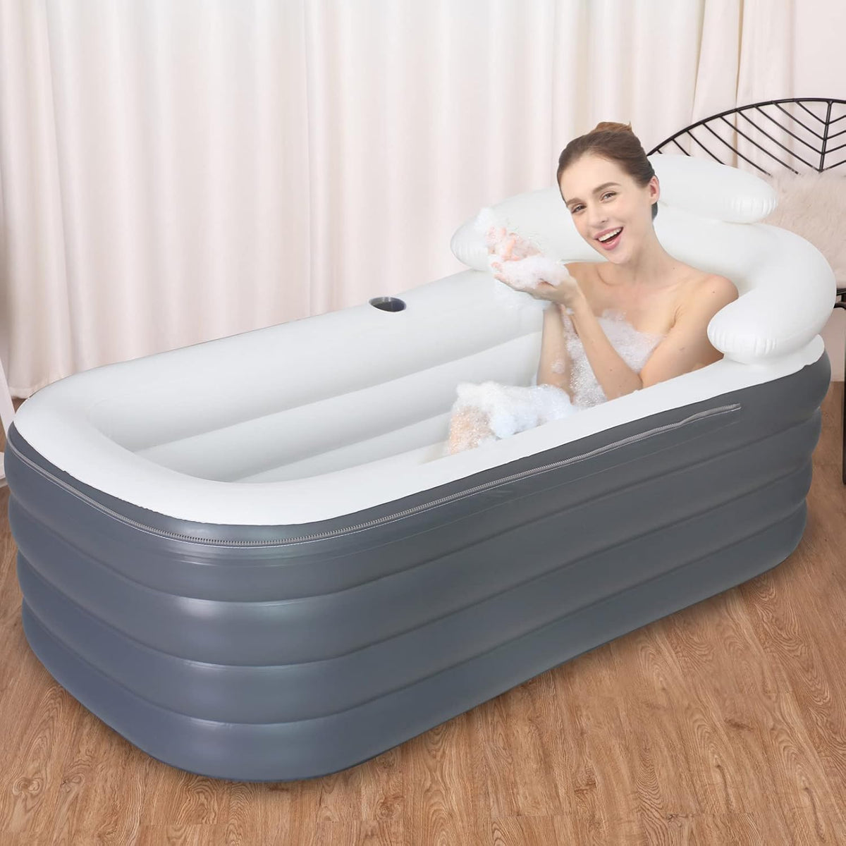 Opblaasbaar Inweekbad Voor Volwassenen – Draagbaar Ijsbad, Spa Bad, Opblaasbaar Bad, Ontspanningsbad – Ruim Formaat 164 x 84 x 51 cm – Met Hoofdsteun En Bekerhouder